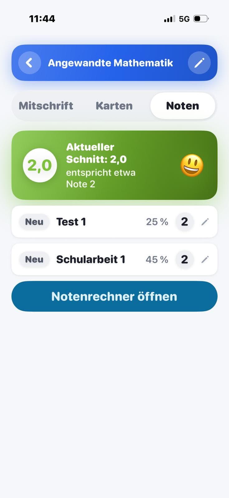 Die Notenliste eines Fachs in Studytab mit dem aktuellen Schnitt