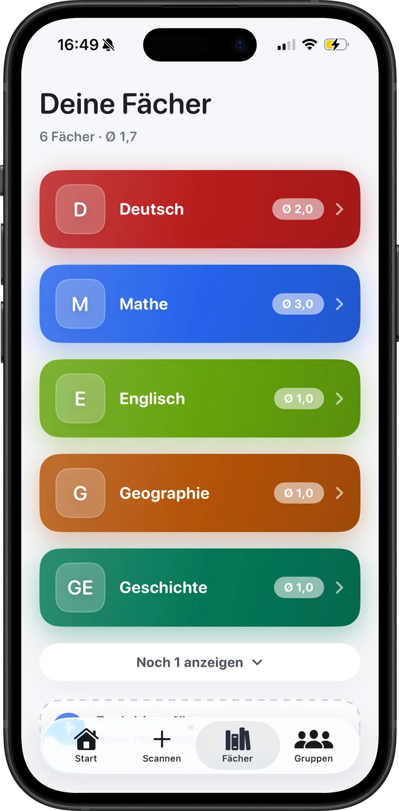 Die Fächerliste in Studytab mit Deutsch, Mathe, Englisch, Geographie und Geschichte, jedes Fach mit seinem Notenschnitt