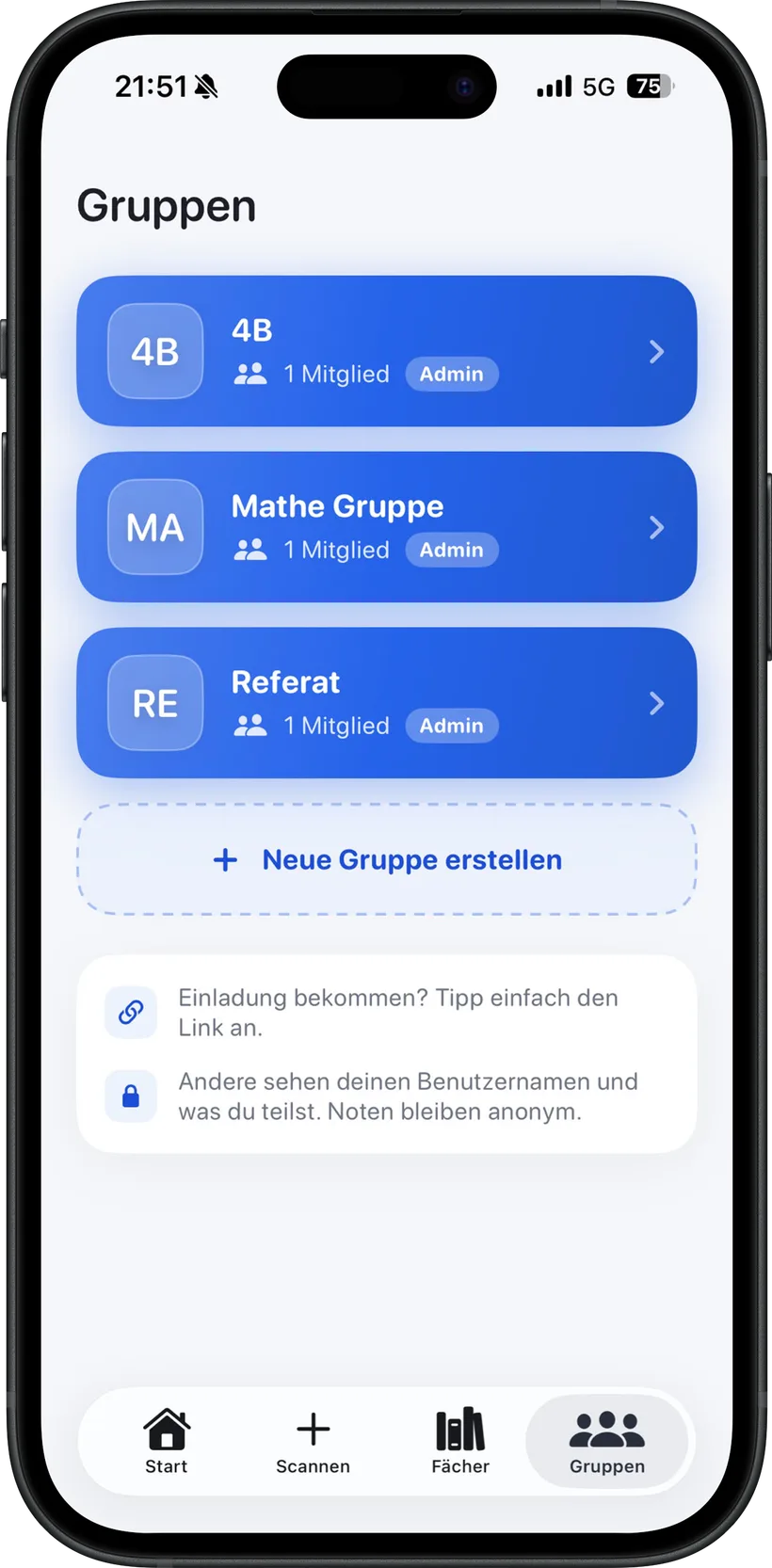 Der Gruppen-Tab in Studytab mit drei Gruppen und dem Knopf „Neue Gruppe erstellen“