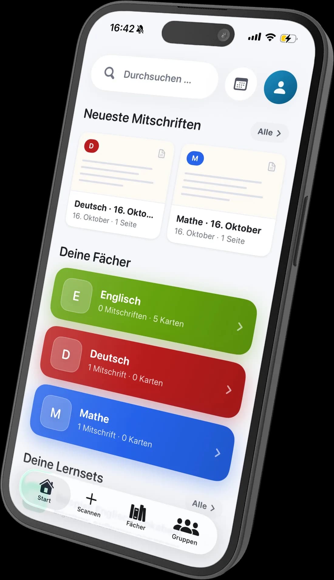 Die Startseite von Studytab mit Suche, den neuesten Mitschriften und den Fächern Englisch, Deutsch und Mathe