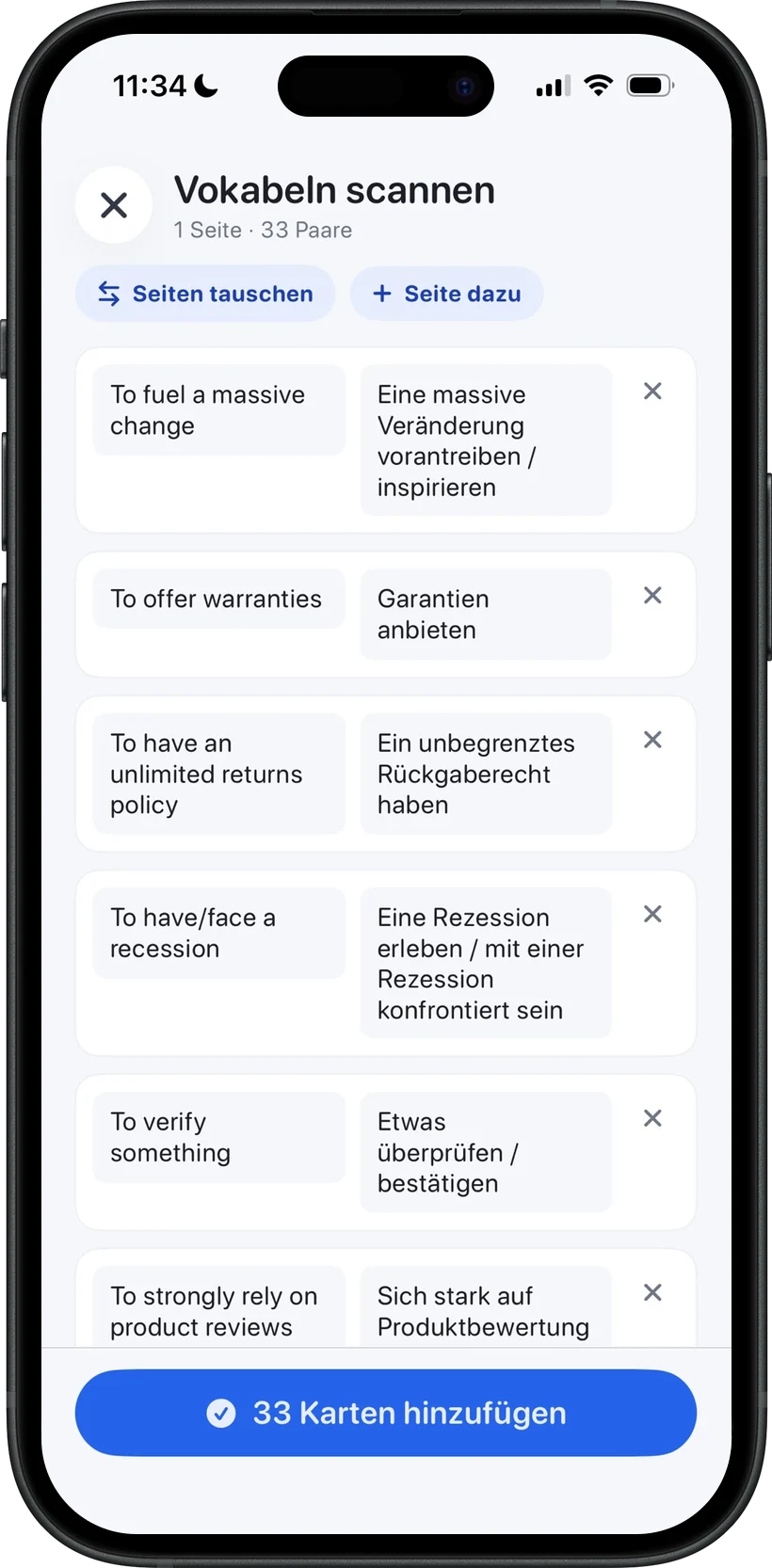 Studytab zeigt die erkannten Vokabelpaare zur Prüfung, bevor sie Karteikarten werden
